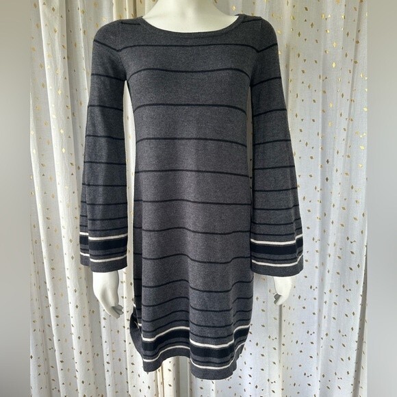Max Studio Wool Blend Bell Sleeves High Neck Stripe Shift Knit Sweater Dress XS - Picture 2 of 4